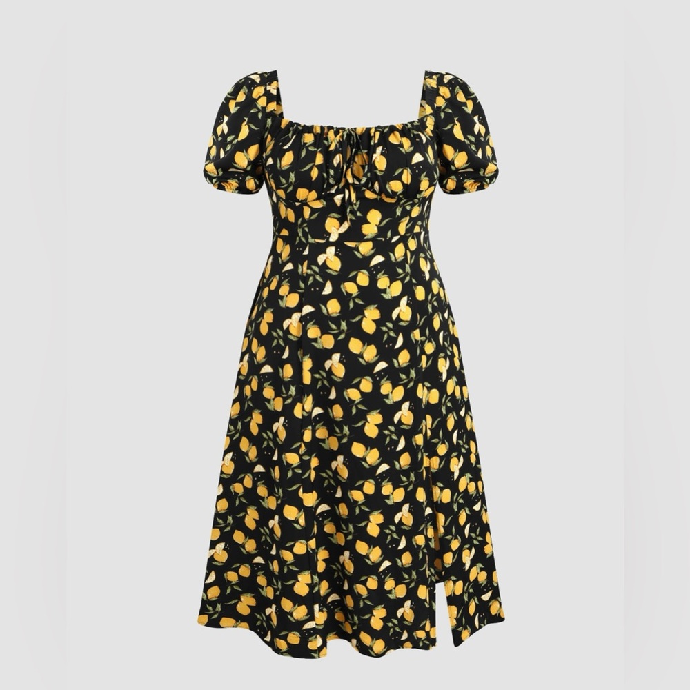 Gorgeous & vibrant lemon 🍋 cottagecore style midi dress w/ slit & puff sleeves